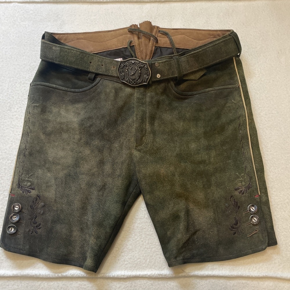 Spieth & Wensky Leather Lederhosen Shorts Mens Size EU 48 US 34 Belted Embroider
